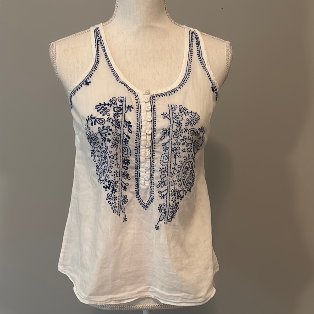 Embroidered White and Blue Women's Tank Top